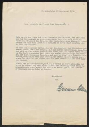 Brief von Hermann Haussmann an Margarete Hauptmann