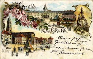 Postkartenalbum August Schweinfurth mit Karlsruher Motiven. "Gruß aus Karlsruhe - Residenzschloss - Nymphengruppe - Marktplatz u. Stadtkirche"