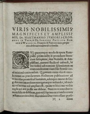 Viris Nobilissimis [...] Dn. Hartmanno Juniori a Cronberg [...] Dn. Johanni Philippo Bohsen a Waldeck [...]