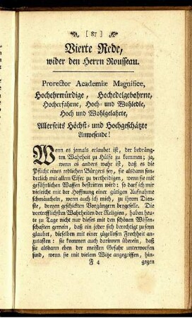 Vierte Rede, wider den Herrn Rousseau.