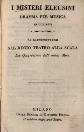 I misteri eleusini : Dramma per musica in due atti