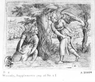 Tobias fängt den Fisch : Massys, Cornelis. Tobias fängt den Fisch. Radierung; 72 x 95 mm. Dresden: Kupferstich-Kabinett A 28884 in A 1089 b 1 (N XVI, Massys)