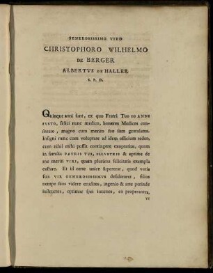 Generosissimo Viro Christophorum Wilhelmum De Berger Albertus de Haller S. P. D.