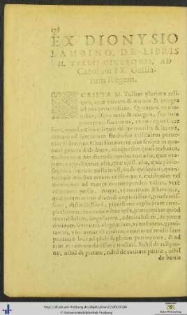 Ex Dionysio Lambino De Libris Marci Tullii Ciceronis Ad Carolum IX. Galliarum Regem