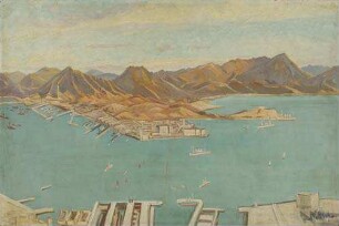 Panoramablick vom Hongkong-Hill auf den Hafenplatz Kaulun