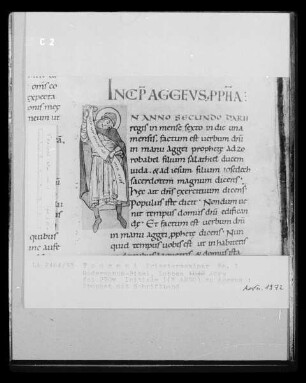 Ms. 1, Goderannus-Bibel, fol. 270v, Initiale I, Prophet mit Schriftband