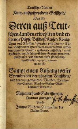Der Teutschen Scharpfsinnige Kluge Sprüch, Apophthegmata genannt, [1]