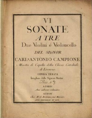 VI sonate e tre, due violini é violoncello : opera terza