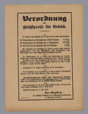 "Verordnung über Höchstpreise für Gebäck"