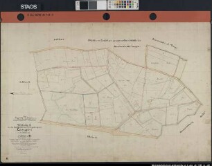 Teilverkoppelung innerhalb der Feldmark LANGEN: Urkarte II in der Sache betr. die Verkoppelung von Langen, Sektion III Ausf.-Art: Farbige Handzeichnung auf Papier Hersteller: angefertigt durch den Landmesser Koch, verglichen durch Oberlandmesser Kerkhof, geprüft durch Oberlandmesser Werner Format: 66,5 x 100 cm Maßstab 1: 2000