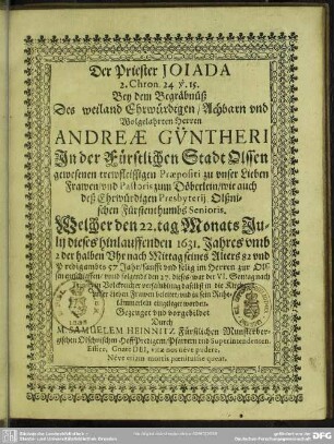 Der Priester Joiada bey dem Begräbniß Andreae Guentheri