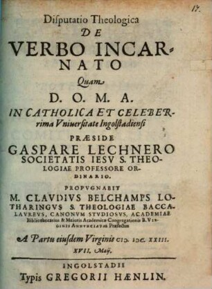 Disputatio Theologica De Verbo Incarnato