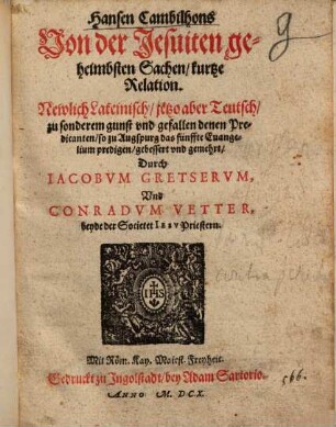 Hansen Cambilhons Von der Jesuiten geheimbsten Sachen, kurtze Relation