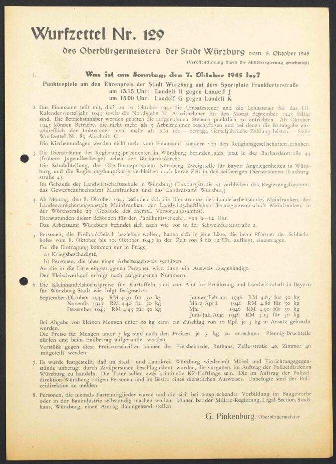Wurfzettel Nr. 129 des Oberbürgermeisters der Stadt
                              Würzburg | Digitalisierung: Stadtarchiv Würzburg