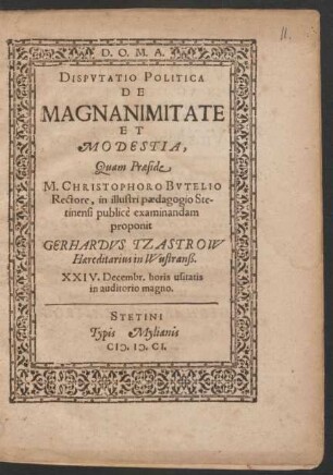 Disputatio Politica De Magnanimitate Et Modestia