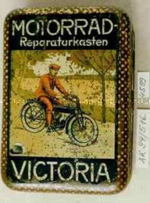 Blechdose "MOTORRAD-Repraturkasten VICTORIA" (Abbildung eines Motorradfahrers)