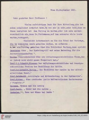 Brief von Fritz Saxl an Franz Boll