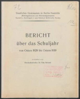 1929/30: Bericht über das Schuljahr von Ostern ... bis Ostern ... - 1929/30