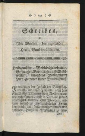 Schreiben, an Ihro Weisheit, den regierenden Herrn Bundespräsidenten