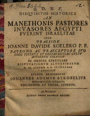 Disqvisitio Historica An Manethonis Pastores Invasores Aegypti Fverint Israelitae