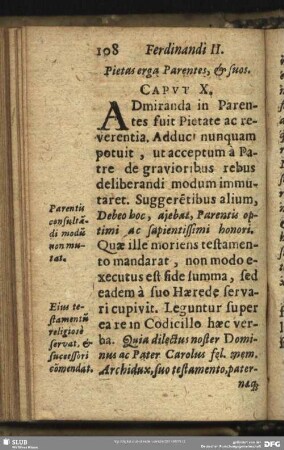 Pietas erga Parentes, & suos. Caput. X.