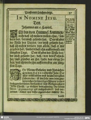 [Die Vierdte Christliche Trost- und Leichpredigt] Text. Johannis am 6. Capitel