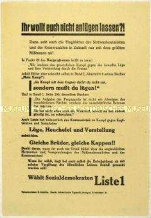 Flugblatt der SPD gegen KPD und NSDAP und Wahlaufruf