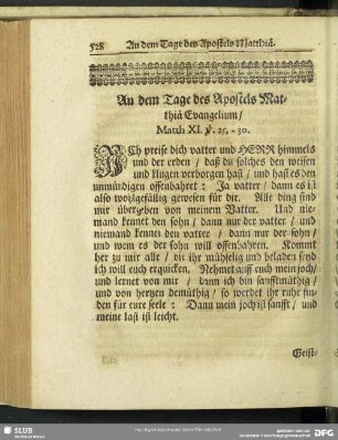 Am dem Tage des Apostels Matthiä Evangelium, Matth. XI. v. 25.-30.