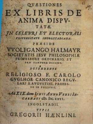 Qvaestiones Ex Libris De Anima Dispvtatae