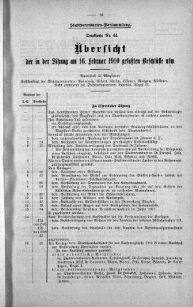 Uebersicht der in der Sitzung gefaßten Beschlüsse (44), 16. Februar 1910