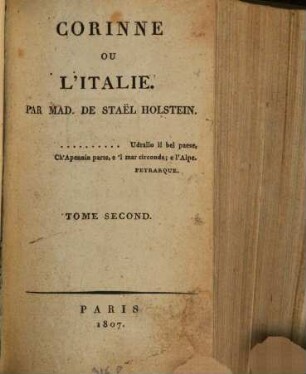 Corinne ou l'Italie. 2. (1807). - 511 S.