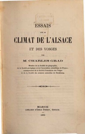 Essais sur le climat de l'Alsace & des Vosges