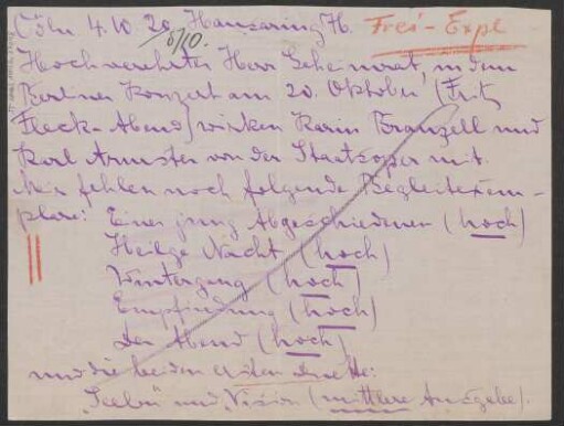 Brief an B. Schott's Söhne : 1920
