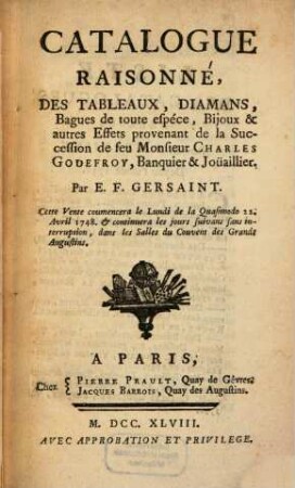 Catalogue raisonné des tableaux diamans ... provenans de la succession de feu M. Charles Godefroy