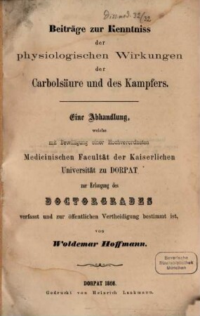 Beiträge zur Kenntniss der physiologischen Wirkungen der Carbolsäure und des Kampfers