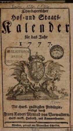 Churbajerischer Hof- und Staats-Calender. 1777