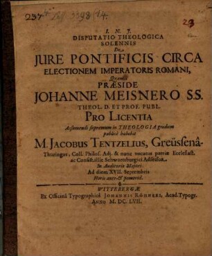 Disputatio Theologica Solennis De Iure Pontificis Circa Electionem Imperatoris Romani