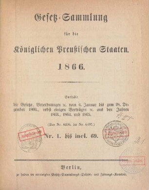 1866: Gesetzsammlung für die Königlich-Preußischen Staaten