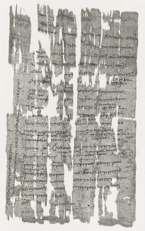 Fragment eines griechischen Papyrus : Hypomnema (Eingabe) des Ptolemaios aus Makedonien, eines Klausners im Serapeion von Memphis, an die königlichen Beamten Sarapion und Menneides. Fragment eines griechischen Papyrus, fol. recto. (Lieferschein und Warenbestellung). 1 Blatt, vorder- und rückseitig beschrieben, Altgriechisch, Kalamos auf Papyrus mit Tinte; 33 x 20 cm. Ägypten, 163 v. Chr.. Dresden: SLUB Mscr.Dresd.R.306