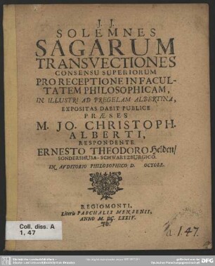 Solemnes sagarum transvectiones consensu superiorum pro receptione in facultatem philosophicam