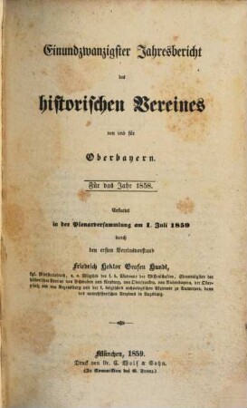 Jahresbericht des Historischen Vereins von Oberbayern. 21. 1858 (1859)