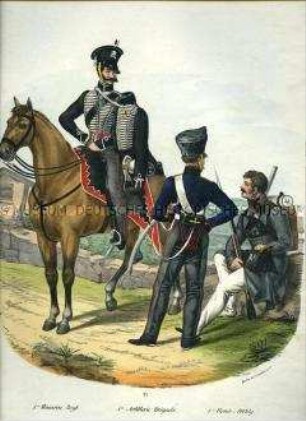 Uniformdarstellung, Husar des 1. (Leib-) Husaren-Regiments, Artillerist der 1. Artillerie-Brigade, Pionier der 1. Pionier-Abteilung, Preußen 1830. Aus: Elzholz u.a.: Das Preussische Heer. Tafel 24.