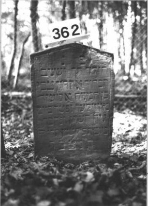 Grabstein 362 (Index: 99898385) Material: Sandstein Zustand: stellenweise angewittert Maße HxBxT: 69x42x8 cm Beschreibung: Stele mit Dreiecksabschluss, von der Spitze herabhängende, eingeritzte Blüte Symbolik: Blüte Besonderheit: Kindergrab: Grabstein 362