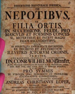 Dissertatio inavgvralis ivridica De nepotibvs ex filia ortis, in successione feudi, pro mascvlis et foeminis concessi, materteras et patrvi magni filios exclvdentibus