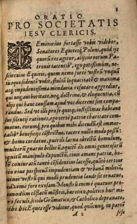 Nobilis Poloni, Pro Societatis Iesv Clericis, Oratio Prima : In Ficti Eqvitis Poloni In Iesvitas actionem primam