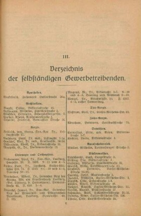 III. Verzeichnis der selbständigen Gewerbetreibenden