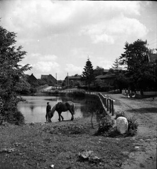 Dorfteich: am Ufer Mann mit Kaltblüter: rechts Mauer mit Geländer: hinten rechts Gänseschar: im Hintergrund Bauernhäuser
