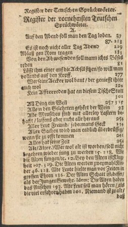 Register der vornehmsten Teutschen Sprüchwörter.