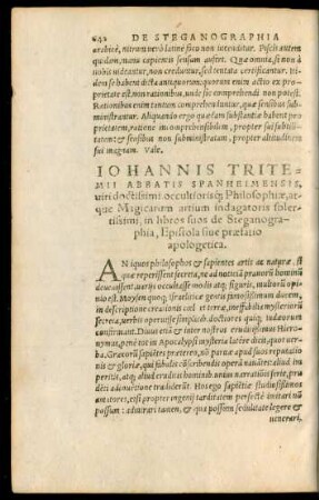 Iohannis Tritemii Abbatis Spanheimensis ... in libros suos de Steganographia, Epistola sive praefatio apologetica.