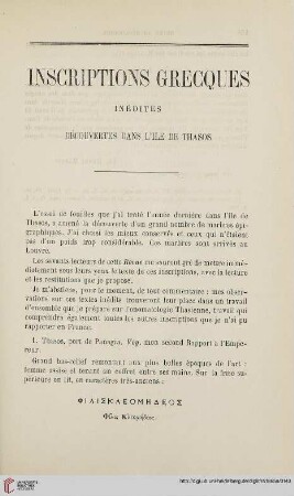 N.S. 12.1865: Inscriptions grecques inédites, [1] : découvertes dans l'ile de Thasos
